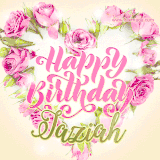 A stunning heart made of pink roses surrounds the elegant script text 'Happy Birthday Jaziah' on a soft beige background. Animated sparkles add a magical and festive feel.