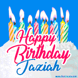 A cheerful animated GIF featuring colorful lit birthday candles on a white cake, with the text 'Happy Birthday Jaziah' in bold red and blue script on a bright blue background.