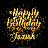 Animated GIF with colorful, festive 'Happy Birthday Jaziah' text decorated with patterns, a party hat, and falling confetti. A vibrant and cheerful design for birthday celebrations.