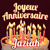 A Happy Birthday GIF in French featuring a festive birthday cake adorned with bright candles and the glowing text 'Joyeux Anniversaire Jaziah' in a cheerful style.