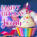 A festive animated GIF featuring a colorful cupcake with a single lit candle, sprinkles, and 'Happy Birthday Jaziah' text against a sparkling, celebratory background.