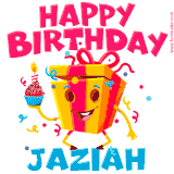 A funny animated birthday GIF with the words 'Happy Birthday Jaziaha', colorful gift box with arms and legs, holding a cupcake with a lit candle  with confetti everywhere.