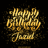 Animated GIF with colorful, festive 'Happy Birthday Jaziel' text decorated with patterns, a party hat, and falling confetti. A vibrant and cheerful design for birthday celebrations.