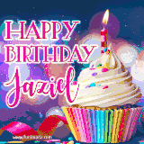 A festive animated GIF featuring a colorful cupcake with a single lit candle, sprinkles, and 'Happy Birthday Jaziel' text against a sparkling, celebratory background.