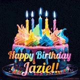 A vibrant animated GIF featuring a colorful rotating birthday cake with bright frosting swirls, glowing candles, and the text 'Happy Birthday Jaziel!' in rainbow colors.