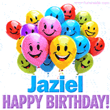 An animated birthday-themed name GIF with colorful smiling balloons and bold 'Jaziel, Happy Birthday!' text for a celebratory touch.