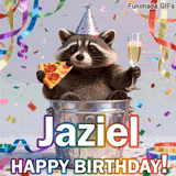 A funny raccoon sits inside a metal trash can wearing a silver party hat. It holds a slice of pepperoni pizza and a glass of champagne. The name 'Jaziel' is written in large rainbow letters above 'HAPPY BIRTHDAY!'.