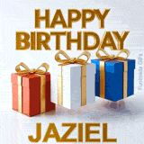 Festive and clean digital birthday greeting for Jaziel featuring beautifully rendered bouncing presents in red, white, and blue with gold accents