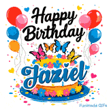 Colorful hearts and confetti scattered around a floral cake with detailed butterflies, custom-made for Jaziel.