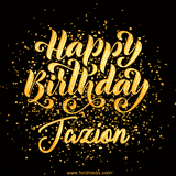 Animated GIF with colorful, festive 'Happy Birthday Jazion' text decorated with patterns, a party hat, and falling confetti. A vibrant and cheerful design for birthday celebrations.