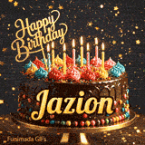 Flickering candles on top of a decorated chocolate cake with multicolored frosting swirls for Jazion's birthday celebration.