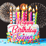 A lively happy birthday animated GIF showcasing a colorful birthday cake covered in sprinkles, topped with glowing candles, and surrounded by vibrant fireworks. The name 'Jazion' is featured in elegant script.