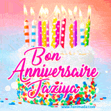 A white birthday cake covered in colorful sprinkles, topped with bright candles, and French text 'Bon Anniversaire Jaziya' on a pastel gradient background in an animated GIF.