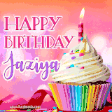 A vibrant birthday GIF featuring a rainbow-colored cupcake topped with white frosting, sprinkles, and a lit candle. The text reads 'Happy Birthday Jaziya' in bold pink and violet letters with white outline.