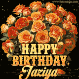 Animated bouquet of orange roses with moving butterfles and golden 'Happy Birthday Jaziya' text, surrounded by sparkling accents and a dark backdrop for a luxurious feel.