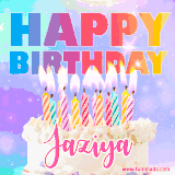 A vibrant animated name GIF with the words 'Happy Birthday Jaziya' with colorful candles on a creamy cake. The background sparkles with pastel shades, adding a festive touch.