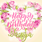 A stunning heart made of pink roses surrounds the elegant script text 'Happy Birthday Jaziya' on a soft beige background. Animated sparkles add a magical and festive feel.