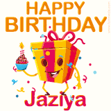 A vibrant and funny gift box character with a happy face dancing with a cupcake and the text 'Happy Birthday Jaziya,' surrounded by animated confetti and party vibes.
