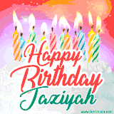 Bright birthday candles with rainbow flames on a cake, alongside the text 'Happy Birthday Jaziyah' in vibrant script in this celebratory animated GIF.