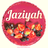 Beautifully decorated red velvet berry birthday cake with vibrant fruits and a glowing 'Jaziyah' name, adding a touch of sweetness and sparkle.