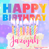 A vibrant animated name GIF with the words 'Happy Birthday Jaziyah' with colorful candles on a creamy cake. The background sparkles with pastel shades, adding a festive touch.