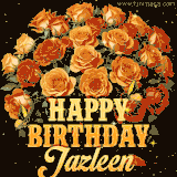 Animated bouquet of orange roses with moving butterfles and golden 'Happy Birthday Jazleen' text, surrounded by sparkling accents and a dark backdrop for a luxurious feel.