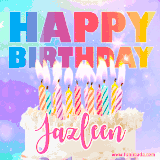 A vibrant animated name GIF with the words 'Happy Birthday Jazleen' with colorful candles on a creamy cake. The background sparkles with pastel shades, adding a festive touch.