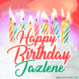 Bright birthday candles with rainbow flames on a cake, alongside the text 'Happy Birthday Jazlene' in vibrant script in this celebratory animated GIF.