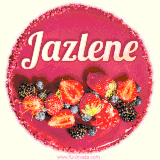 Beautifully decorated red velvet berry birthday cake with vibrant fruits and a glowing 'Jazlene' name, adding a touch of sweetness and sparkle.
