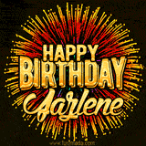 Golden 'Happy Birthday Jazlene' text accompanied by animated rainbow fireworks for a festive animated greeting.