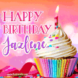 A vibrant birthday GIF featuring a rainbow-colored cupcake topped with white frosting, sprinkles, and a lit candle. The text reads 'Happy Birthday Jazlene' in bold pink and violet letters with white outline.