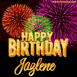 A golden 'Happy Birthday Jazlene' message with vibrant fireworks in the background, creating a festive and celebratory vibe in this animated name GIF.