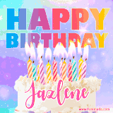 A vibrant animated name GIF with the words 'Happy Birthday Jazlene' with colorful candles on a creamy cake. The background sparkles with pastel shades, adding a festive touch.