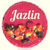 Beautifully decorated red velvet berry birthday cake with vibrant fruits and a glowing 'Jazlin' name, adding a touch of sweetness and sparkle.