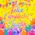 A bright and festive GIF with the text 'Feliz Cumpleaños Jazlin' in Spanish in colorful fonts, surrounded by confetti, balloons, and festive banners on a vibrant yellow background.