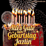 A chocolate birthday cake with glowing candles, the German text 'Alles Gute zum Geburtstag Jazlin,' and vibrant fireworks lighting up the background in an animated GIF.