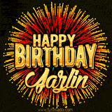 Golden 'Happy Birthday Jazlin' text accompanied by animated rainbow fireworks for a festive animated greeting.