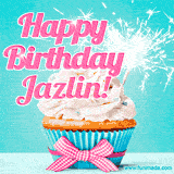 A festive cupcake with pink icing, a gingham bow, and a lit animated sparkler, paired with 'Happy Birthday Jazlin!' in bright pink text.
