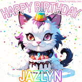 Adorable party-themed animated cat next to a lit birthday cake with text that says 'Happy Birthday Jazlyn,' surrounded by colorful decorations and sparkles.