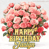 Golden 'Happy Birthday Jazlyn' text beneath a vibrant bouquet of orange roses, complete with glittering butterflies and sparkling details.
