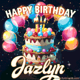 Bright birthday animation for Jazlyn with a chocolate cake, candles, balloons, and glowing celebratory lights.