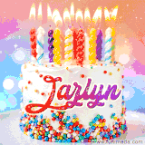 A cheerful white birthday cake with multicolor sprinkles, lit candles, and 'Jazlyn' written in vibrant letters, in an animated GIF.