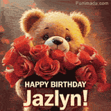 Cinematic style cute animated teddy bear with charming features holding a large bouquet of red roses, the words say 'Happy Birthday Jazlyn' in sans serif font.