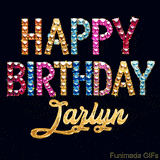 Vibrant luxury birthday greeting card for Jazlyn, showing glittering gemstone letters and golden calligraphy on a dark background with twinkling shine effects.