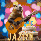 Animated birthday GIF showing a capybara playing guitar and singing beside a birthday cake with the name Jazlyn in large letters and colorful bokeh lights in the background.