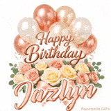 Floral Happy Birthday Jazlyn GIF featuring blooming roses and floating balloons