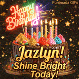 Happy Birthday Jazlyn animated image showcasing a decorated chocolate cake on a gold stand with a glowing neon sign.