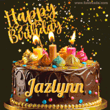 A delightful chocolate birthday cake with bright candles and 'Happy Birthday Jazlynn' written in gold amidst a shower of animated stars.