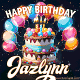 Bright birthday animation for Jazlynn with a chocolate cake, candles, balloons, and glowing celebratory lights.