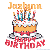 Cartoon birthday cake with a red bow, glowing candles, and 'Jazlynn Happy Birthday' text in bold animated style.